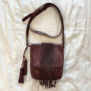 lucky brand boho dark brown leather crossbody bag with woven flap and tassels